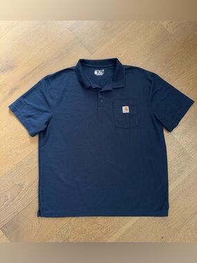 Carhartt Navy Short-Sleeve Pocket Polo with Orange Logo Patch